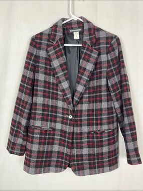 VTG 80s Savannah Black and Red Plaid 100% Wool Button Up Blazer